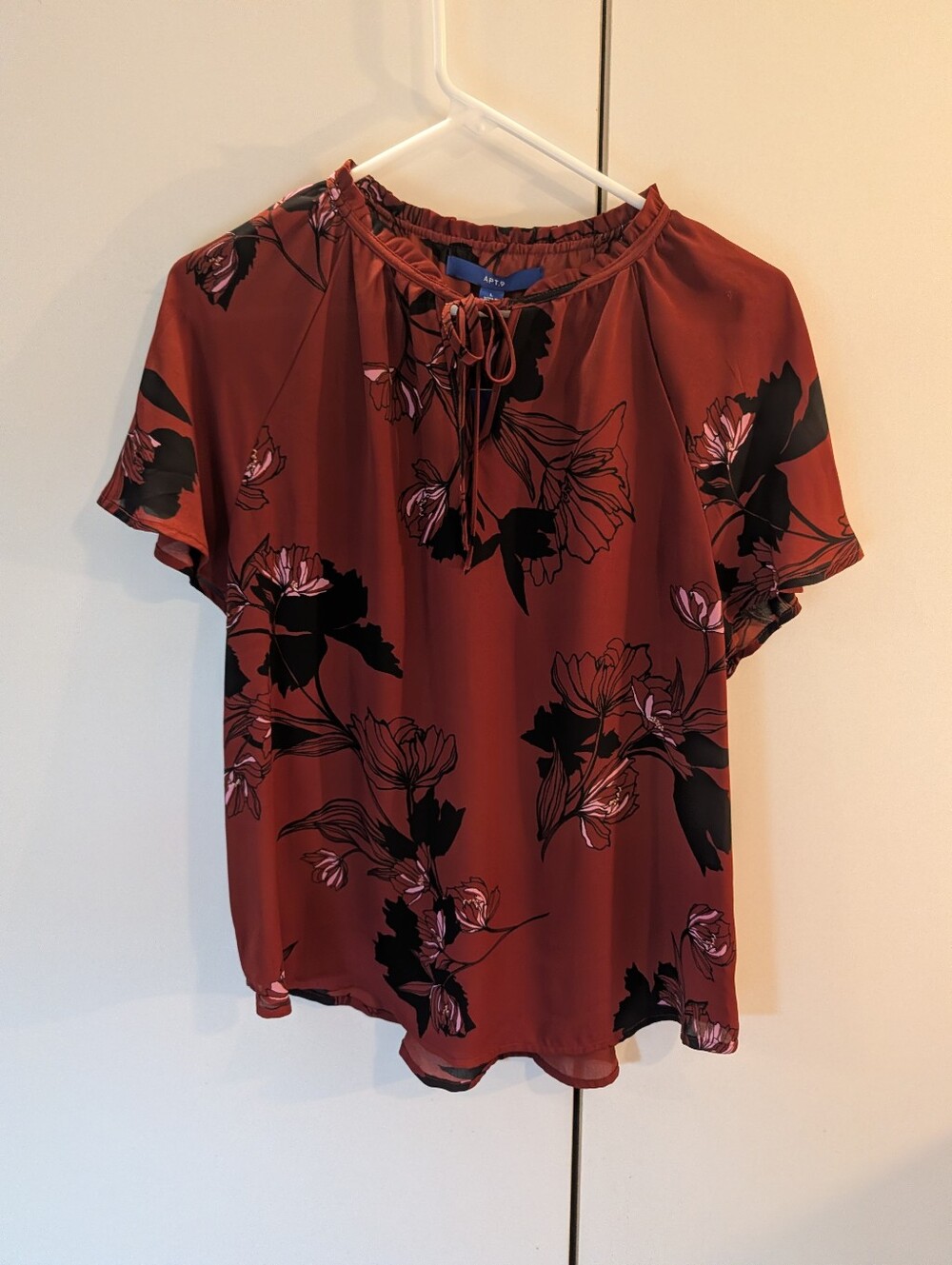 Apt. 9 Rust Floral Tie-Neck Short Sleeve Blouse Woman's L NWT